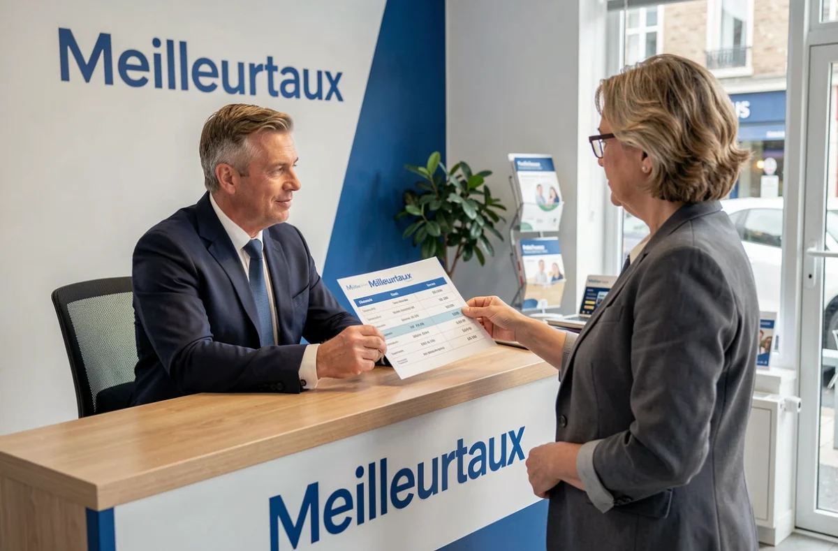 Conseiller Meilleurtaux dans une agence de l'Ain présentant une comparaison de taux de crédit immobilier à une cliente