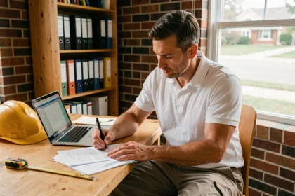 Micro-entrepreneur artisan remplissant un dossier d'assurance décennale à son bureau à domicile