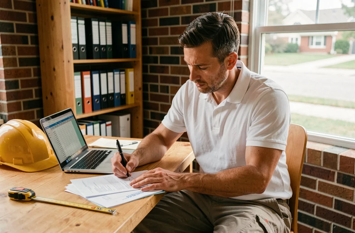 Micro-entrepreneur artisan remplissant un dossier d'assurance décennale à son bureau à domicile