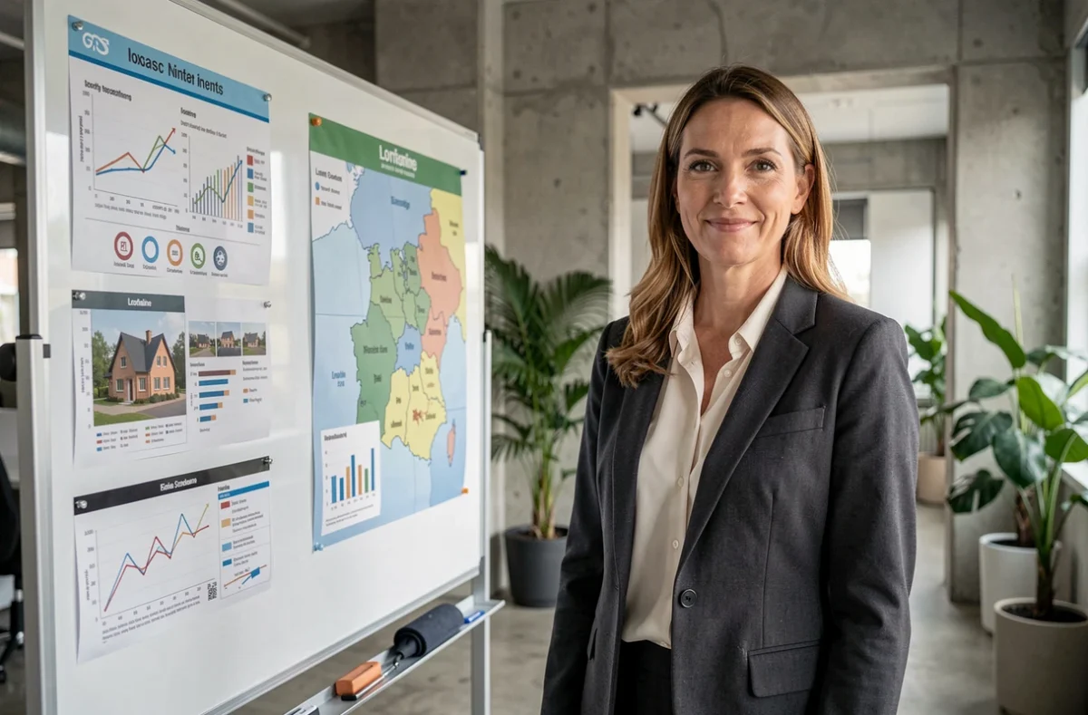 Conseillère de Montclair Investissement présentant des stratégies d'investissement locatif dans un bureau moderne