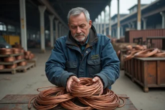 Négociant en métaux examinant des bobines de cuivre sur une balance de ferrailleur dans un chantier industriel