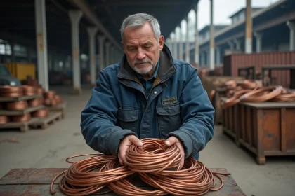 Négociant en métaux examinant des bobines de cuivre sur une balance de ferrailleur dans un chantier industriel