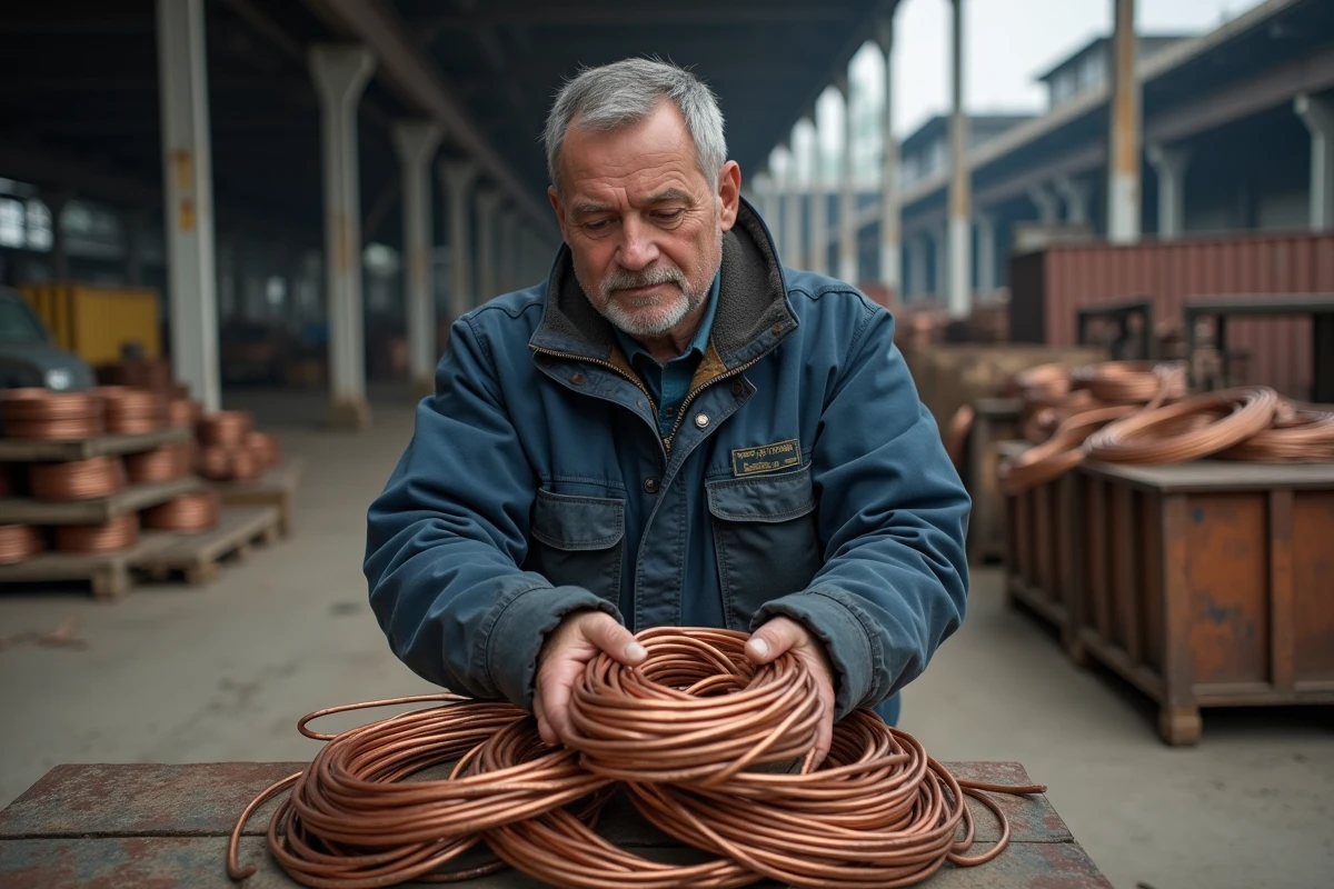 Négociant en métaux examinant des bobines de cuivre sur une balance de ferrailleur dans un chantier industriel