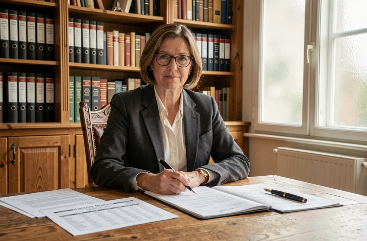 Notaire consultant un bail rural avec des documents sur le prix du quintal de blé fermage posés sur un bureau en chêne