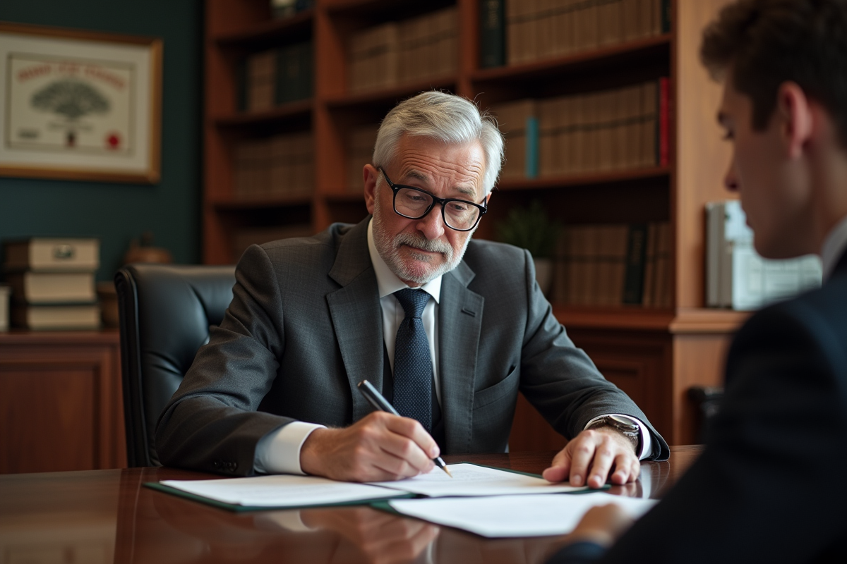 Notaire examine des documents avec un acheteur dans un bureau