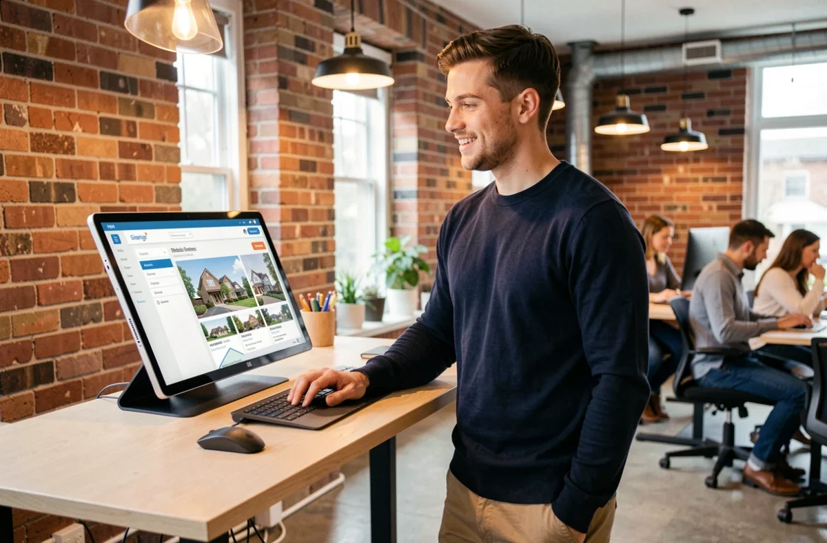 Conseiller Ouiker utilisant une plateforme numérique interactive de recherche immobilière dans un espace de coworking