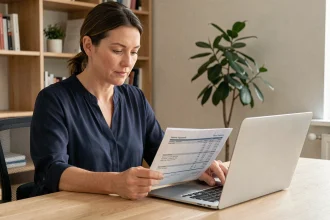 Femme expatriée consultant sa facture Free Mobile à l'étranger depuis un bureau à domicile avec un ordinateur portable