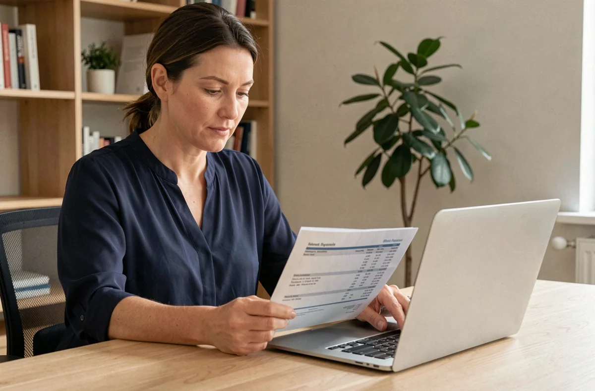 Femme expatriée consultant sa facture Free Mobile à l'étranger depuis un bureau à domicile avec un ordinateur portable