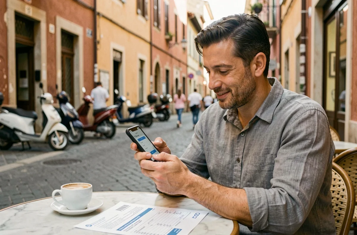Homme français en terrasse de café à l'étranger payant sa facture Free depuis son smartphone