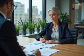 Dirigeante de PME en réunion avec un conseiller bancaire classique pour discuter d'un financement d'entreprise