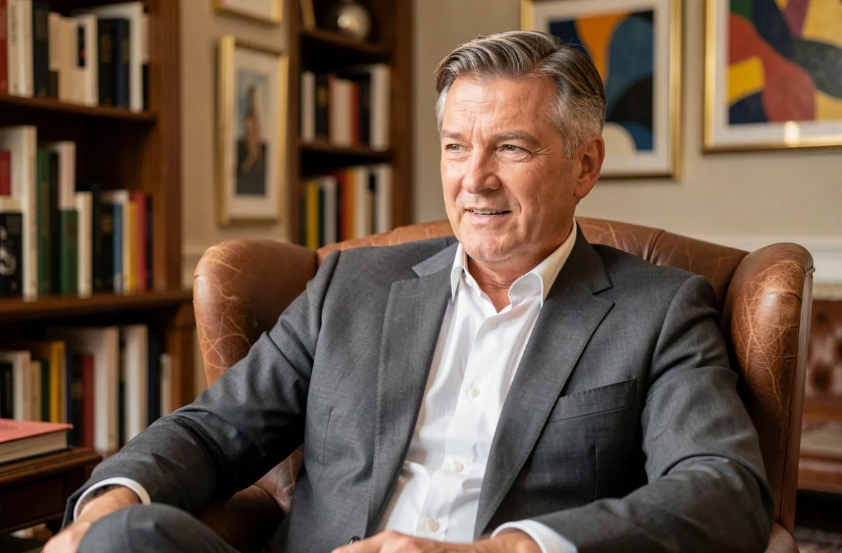 Portrait d'un animateur télé prospère dans un appartement parisien luxueux, évoquant le patrimoine et la richesse des présentateurs stars de la télévision française