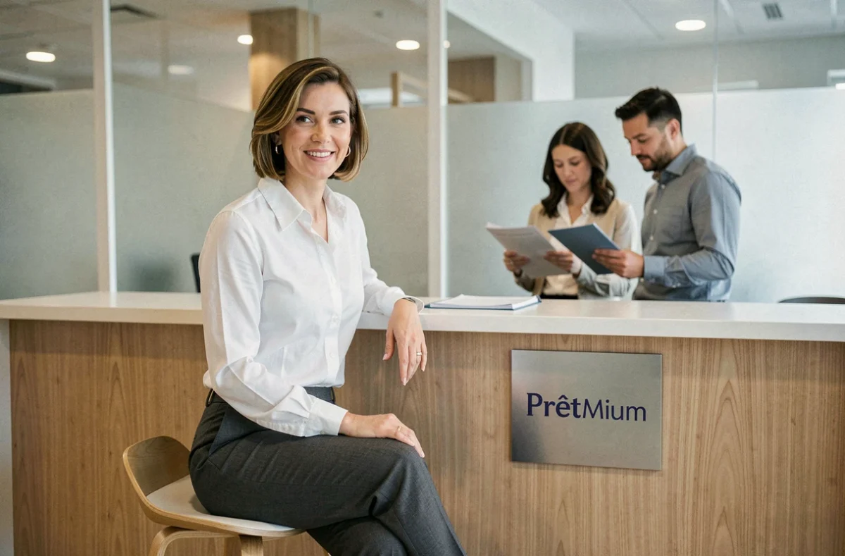 Conseillère de Prêt'Mium accueillant des clients dans un bureau de courtage immobilier moderne