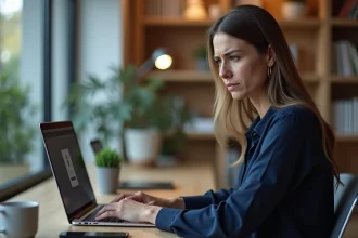 Femme consultant son espace bancaire en ligne avec un problème de connexion sur son ordinateur portable