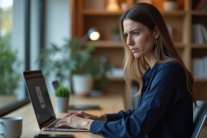 Femme consultant son espace bancaire en ligne avec un problème de connexion sur son ordinateur portable