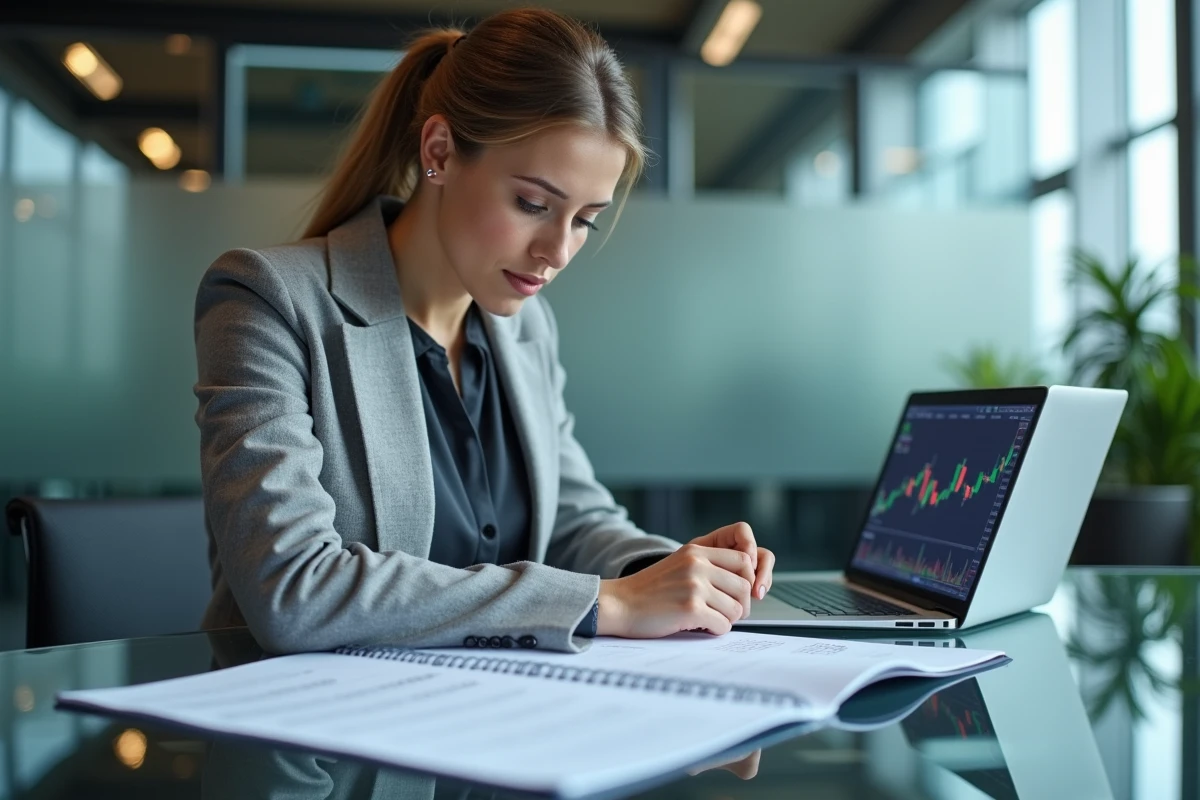 Professionnelle de la finance consultant un agenda boursier 2026 dans un bureau Euronext à Paris
