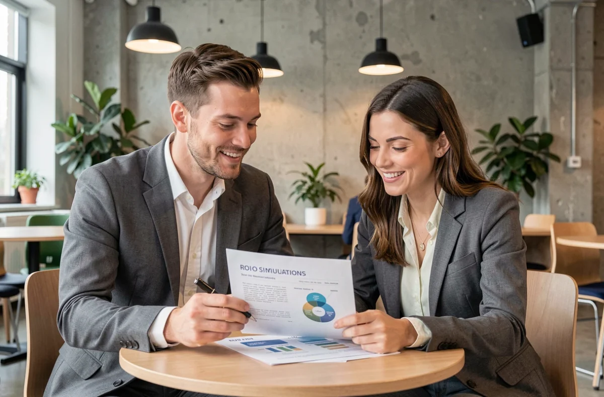 Deux professionnels examinant ensemble un rapport de simulation de retour sur investissement dans un espace de coworking