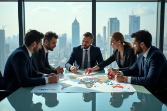 Groupe de professionnels discutant autour d'une carte du monde