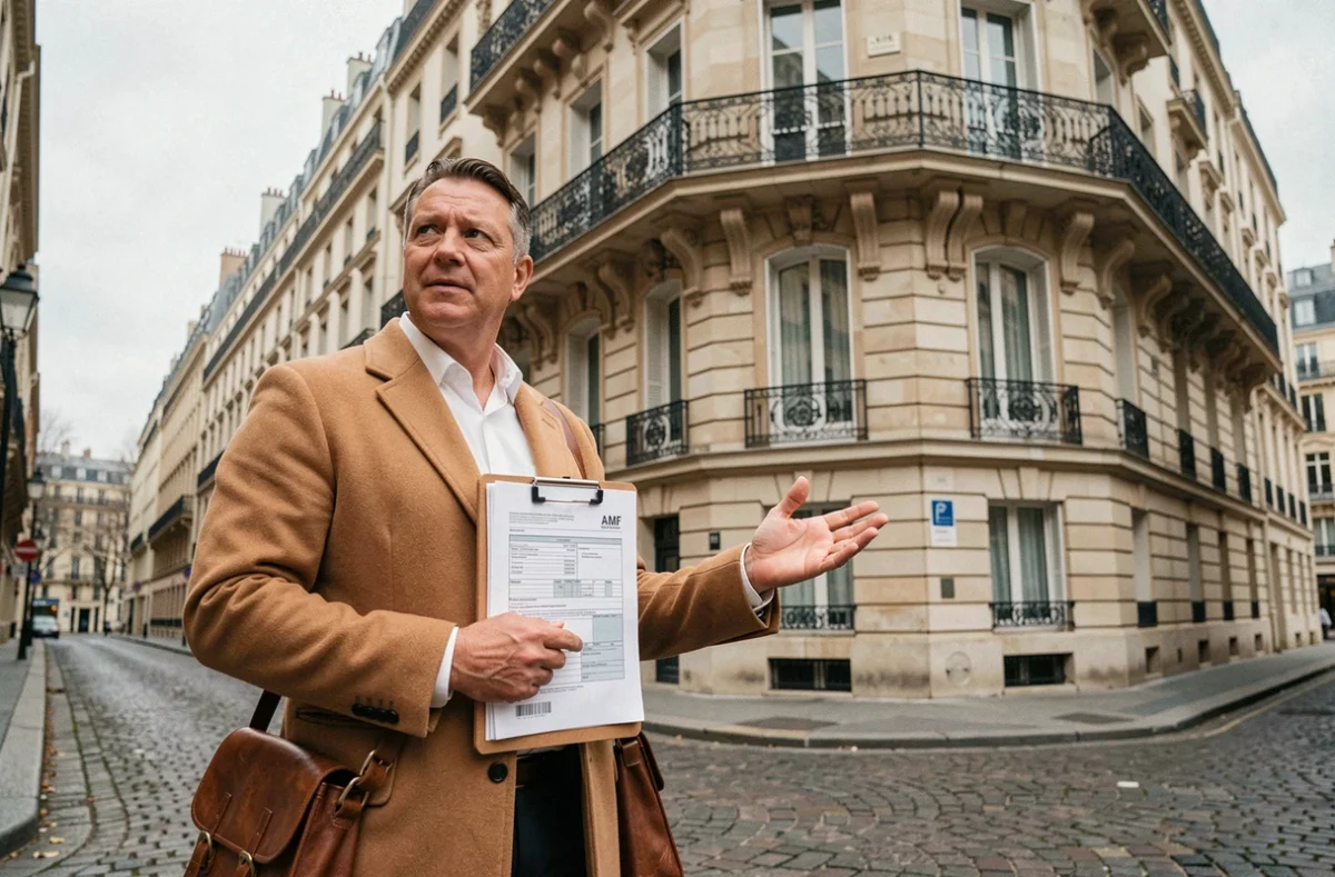 Promoteur immobilier évaluant un immeuble parisien dans le cadre d'un projet de création de SCPI
