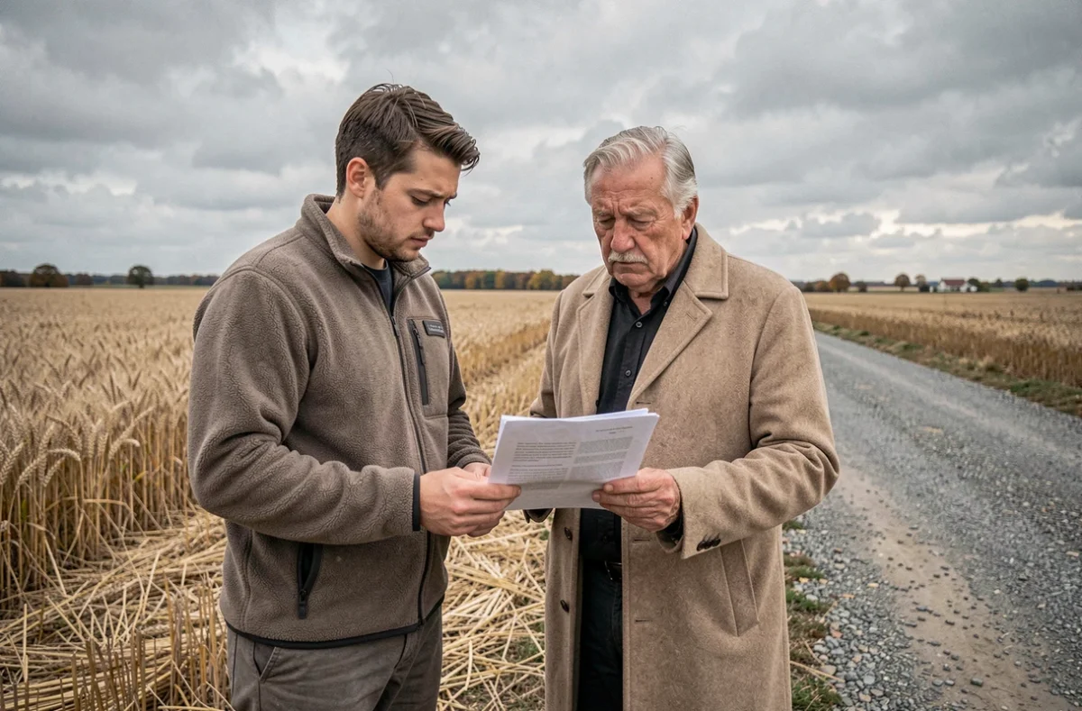 Propriétaire et fermier examinant ensemble un bail rural au bord d'un champ de blé moissonné, discussion sur le prix du fermage