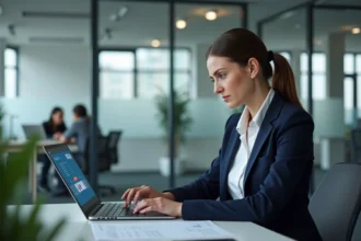 Femme professionnelle consultant son espace bancaire en ligne sécurisé sur ordinateur portable au bureau