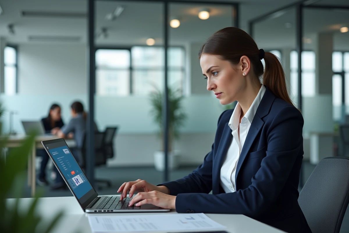 Femme professionnelle consultant son espace bancaire en ligne sécurisé sur ordinateur portable au bureau