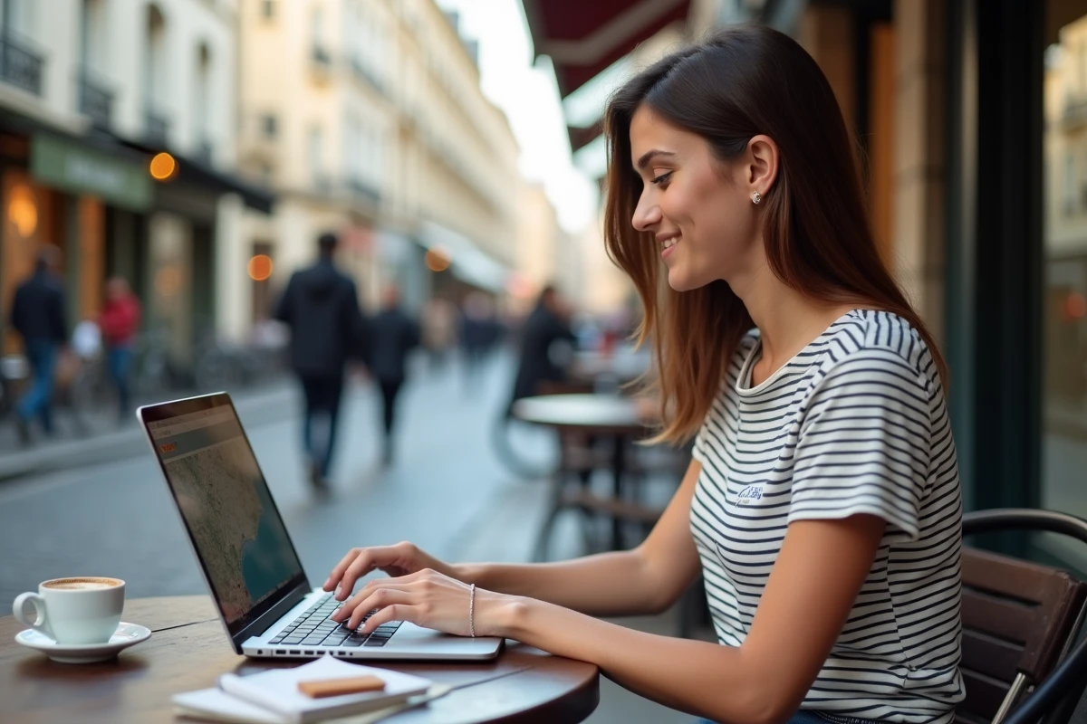 Jeune femme recherchant un point de retrait argent à proximité sur son ordinateur portable en terrasse de café
