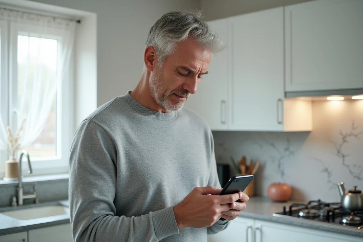 Homme tentant de récupérer son mot de passe bancaire sur une application mobile dans sa cuisine