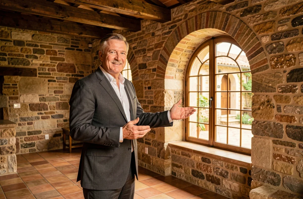 Agent de Redouté Immobilier présentant un bien rénové avec poutres apparentes et murs en pierre en Lorraine