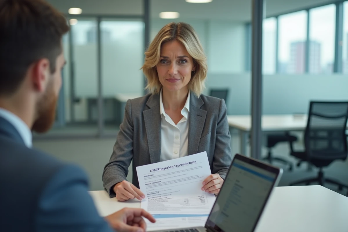 Contribuable en rendez-vous avec un comptable pour une régularisation tardive de taxe foncière