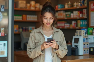 Femme utilisant son smartphone pour trouver un point de retrait argent dans une épicerie de quartier