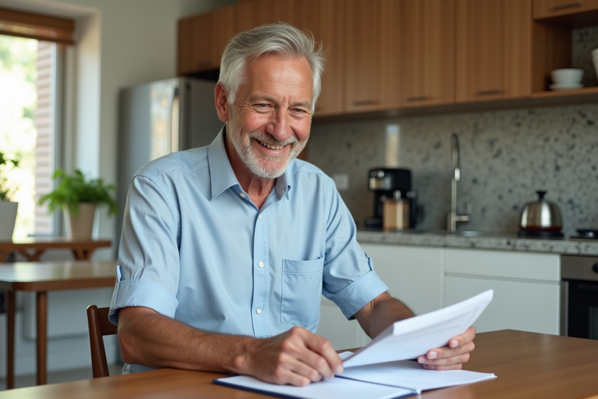 Homme retraité souriant vérifiant ses documents financiers