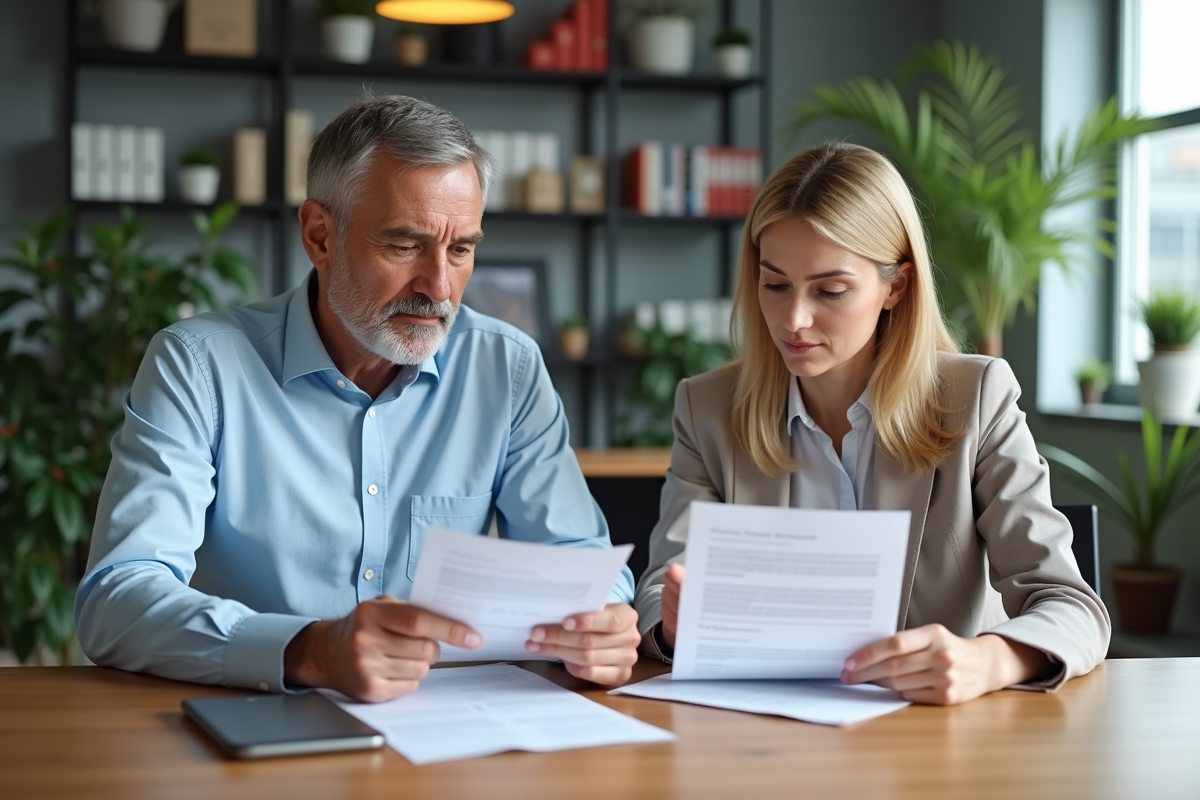 Homme et femme en réunion d'assurance au bureau
