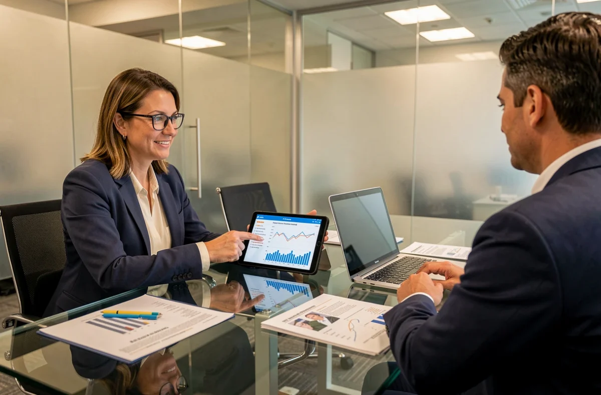 Conseillère financière présentant des graphiques de fiscalité SCPI à une cliente lors d'une réunion