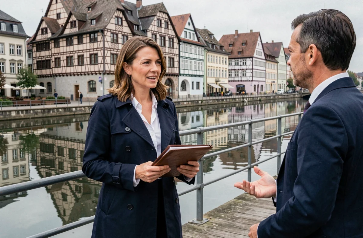 Conseillère de Rive Gauche Gestion discutant d'un bien immobilier avec un client au bord du canal à Strasbourg