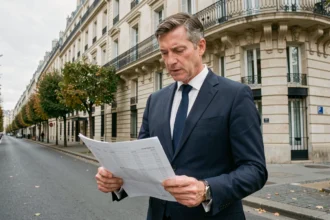 Professionnel immobilier devant un immeuble parisien haussmannien, illustrant l'investissement en SCPI Accimmo Pierre