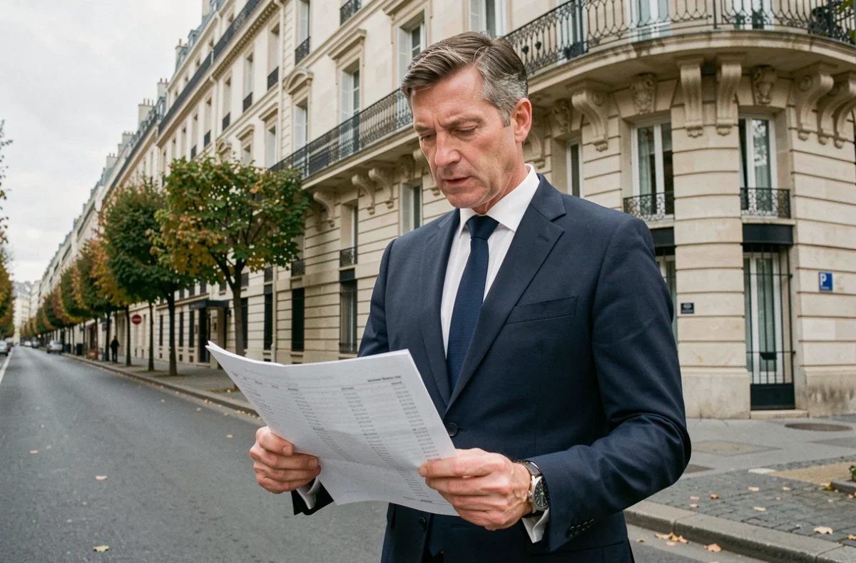 Professionnel immobilier devant un immeuble parisien haussmannien, illustrant l'investissement en SCPI Accimmo Pierre