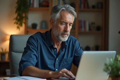 Homme consultant ses comptes en ligne avec vigilance sur un ordinateur portable dans un bureau à domicile