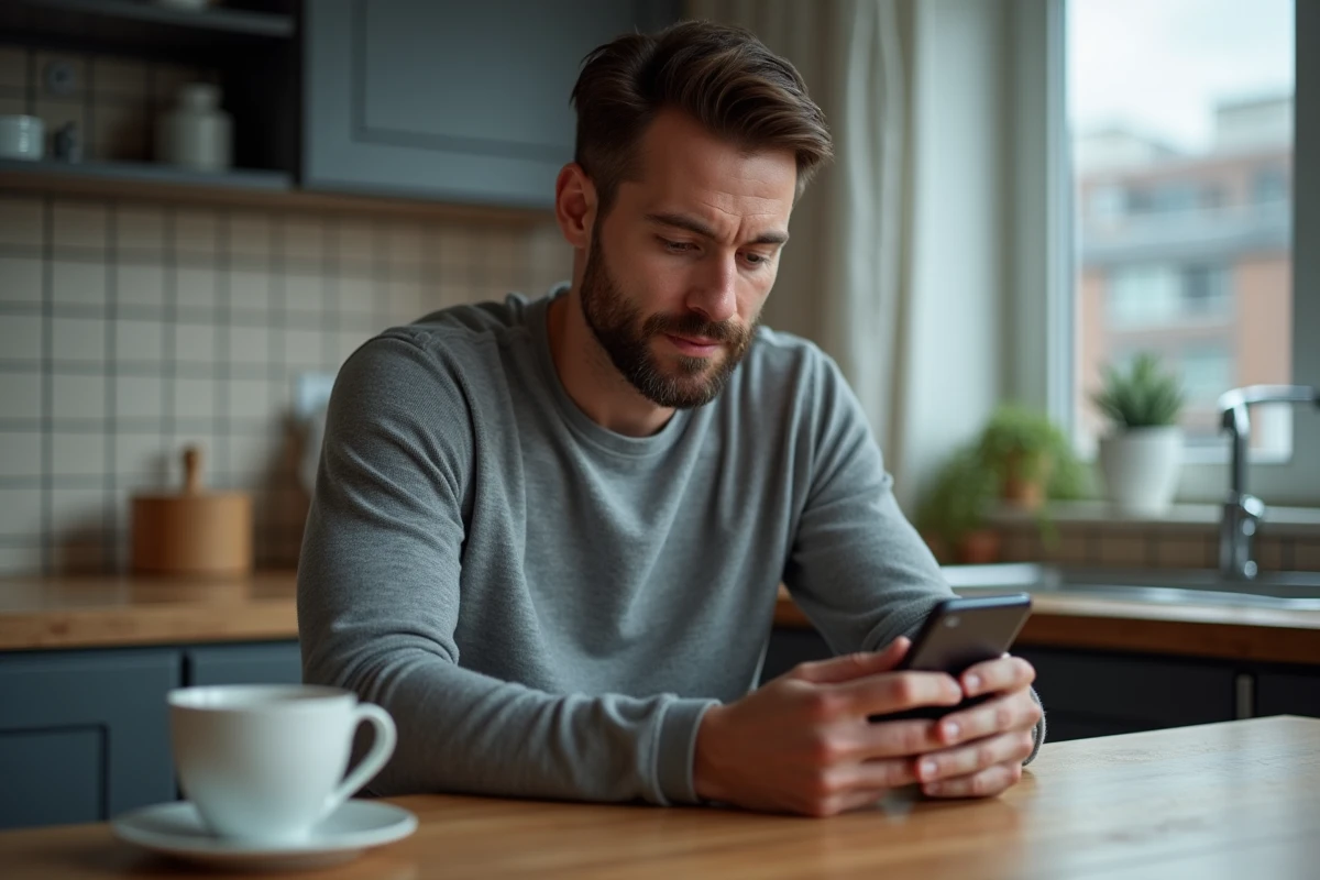 Homme vérifiant la sécurité de ses données bancaires sur smartphone dans une cuisine moderne