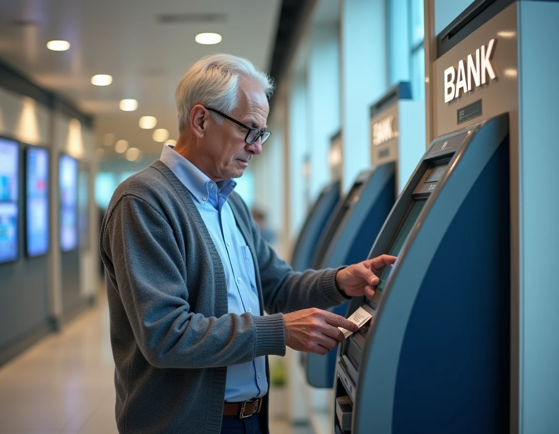 Homme senior consultant un distributeur de billets en agence bancaire pour vérifier ses retraits disponibles