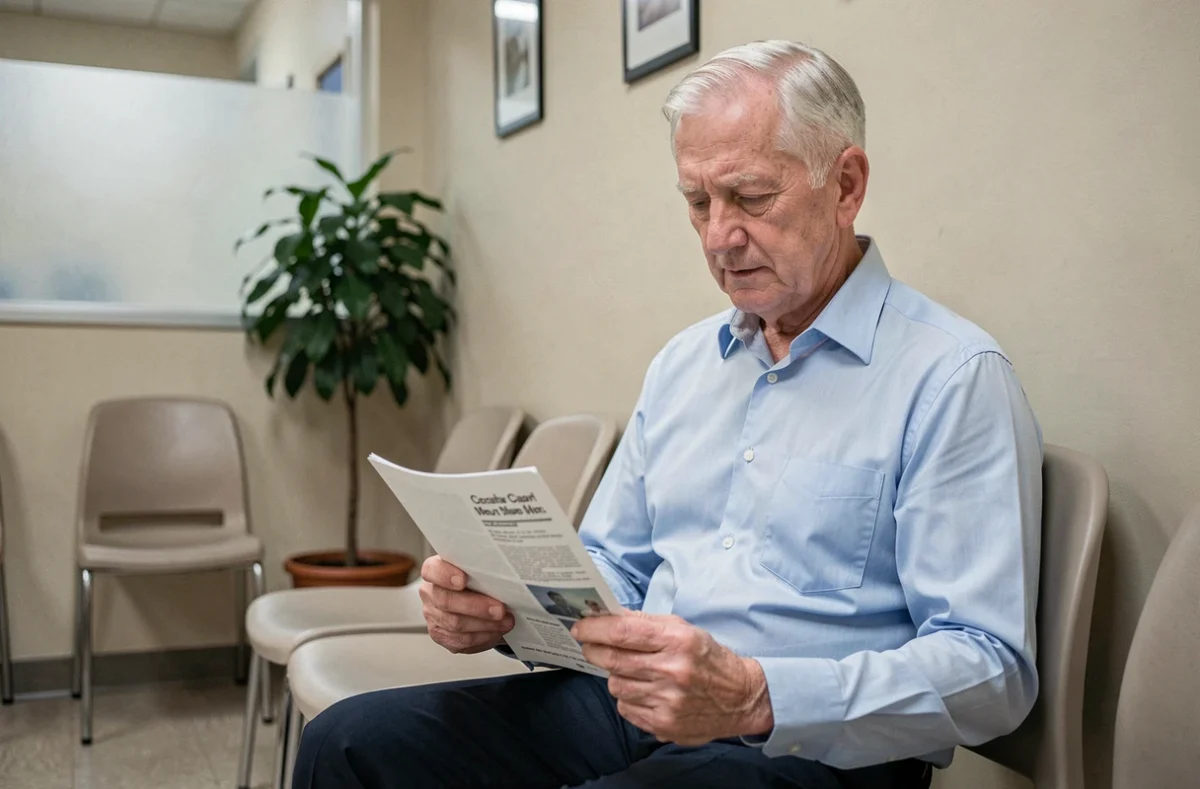 Homme senior en salle d'attente médicale qui consulte un livret de mutuelle santé pour senior