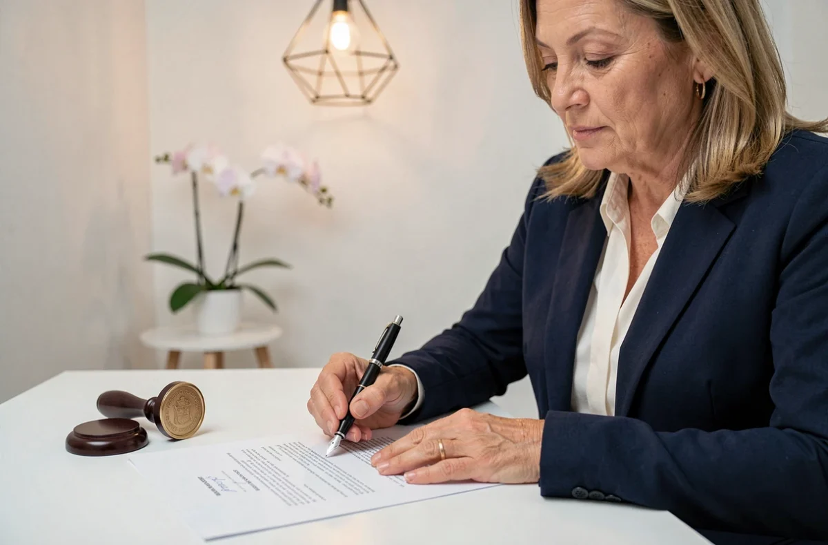 Directrice de gestion d'actifs signant les documents officiels de création d'une SCPI chez un notaire