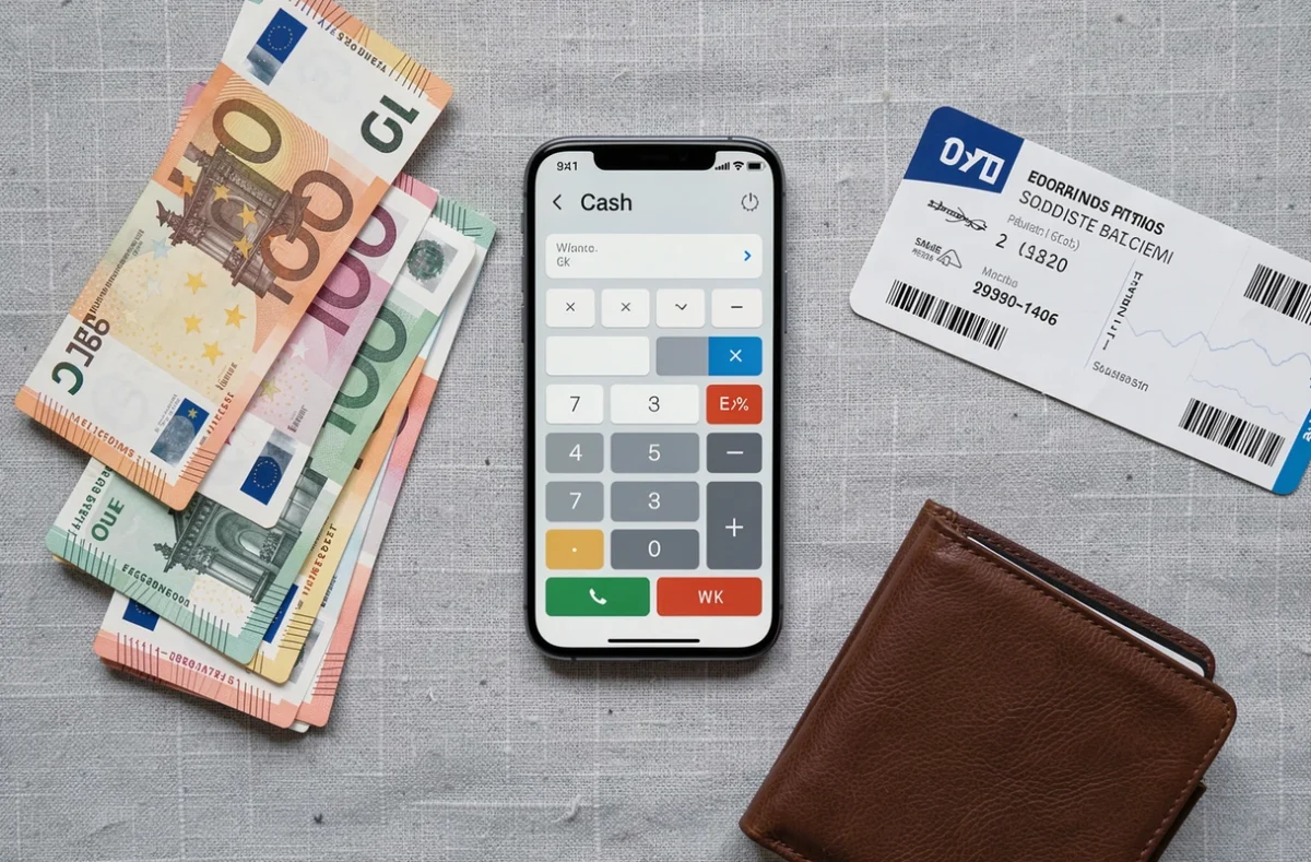 Vue de dessus d'une calculatrice de billets sur smartphone entourée de billets en euros et d'un billet d'avion pour préparer un voyage