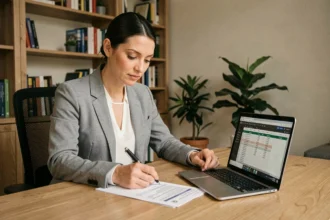 Femme consultant des documents de salaire brut et simulation de chômage sur son bureau à domicile