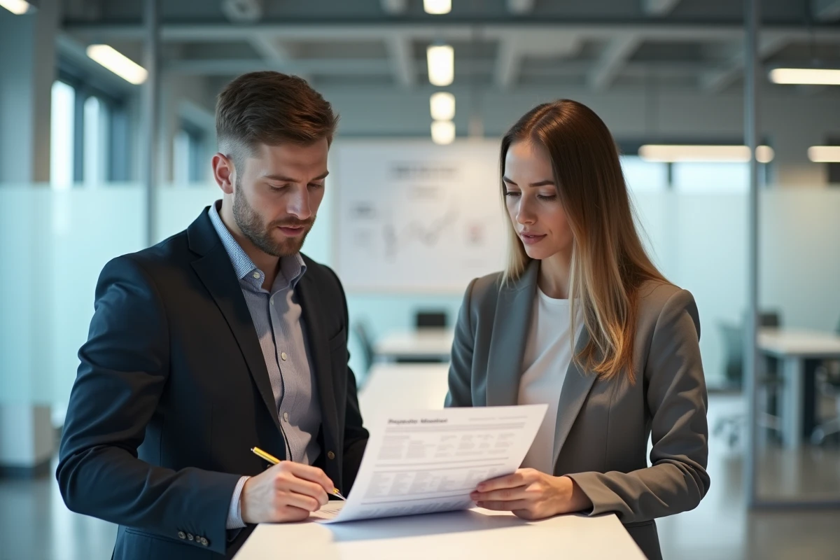 Deux collègues du service RH examinant un document de simulation de salaire brut net ensemble