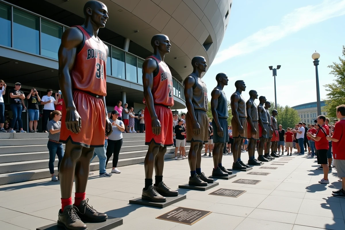 Statues de Tony Parker et stars NBA devant un arena moderne