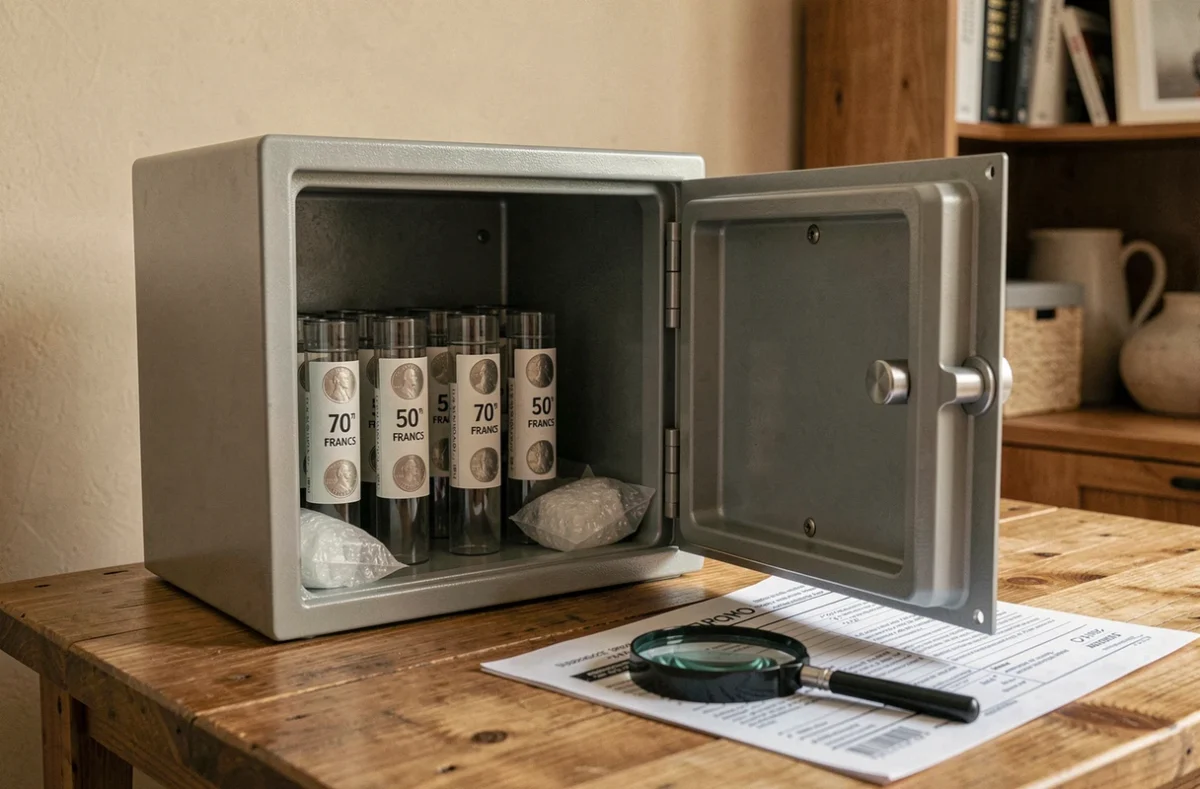 Pièces de 50 Francs 1977 en argent stockées dans un coffre ignifugé avec sachets dessiccants et document d'assurance numismatique