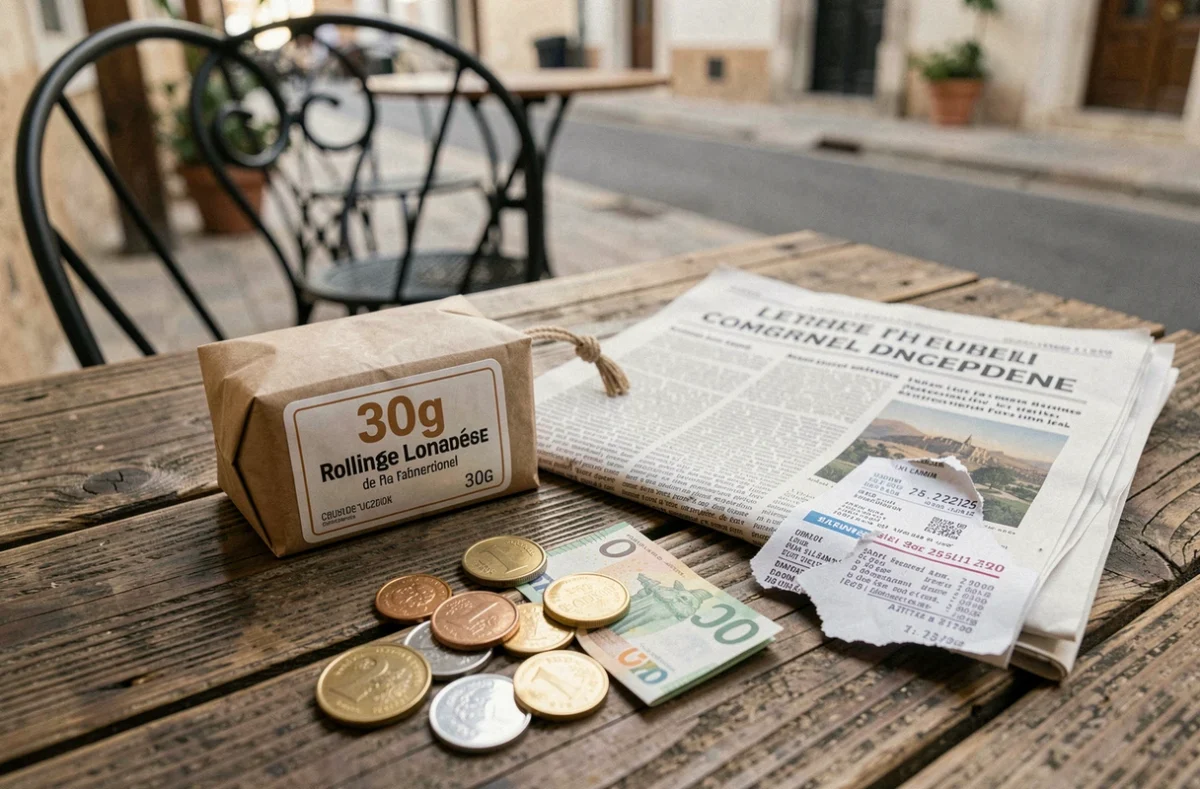 Paquet de tabac à rouler 30g posé sur une table de café espagnol avec des euros et un journal français, symbolisant l'achat transfrontalier