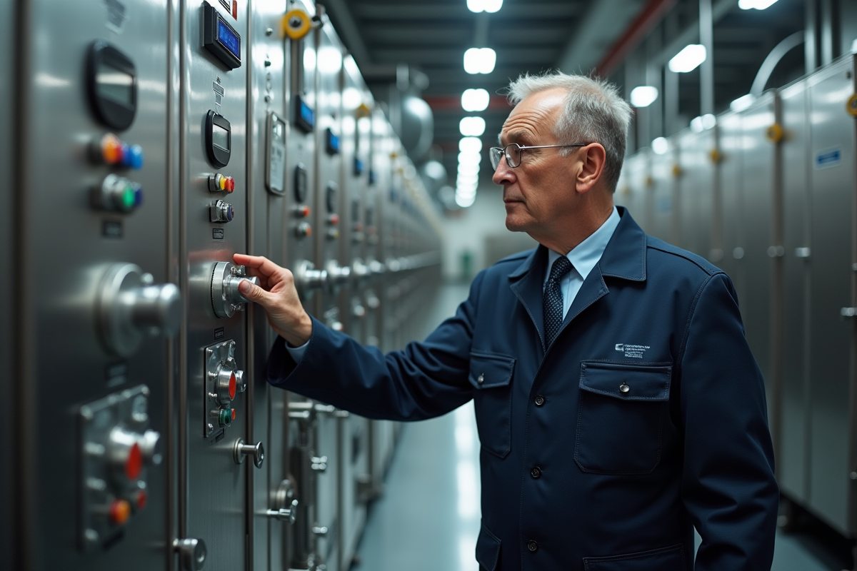 Homme inspectant des panneaux de contrôle dans une usine
