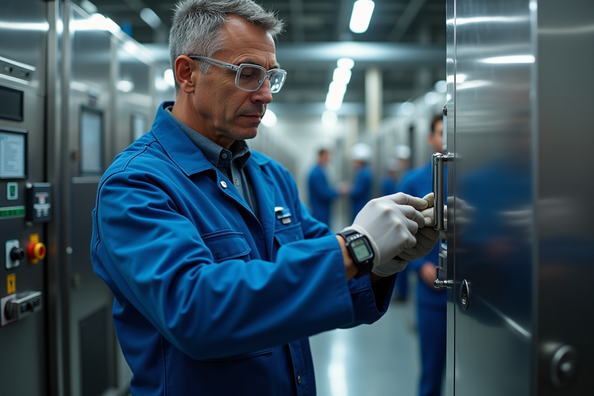Technicien en uniforme inspectant une machine industrielle