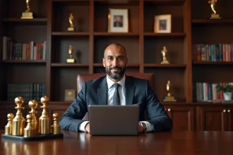 Tony Parker en costume dans un bureau élégant avec trophées de basket